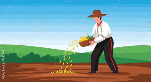 A farmer in a hat and traditional clothing sows seeds in a field with a basket.