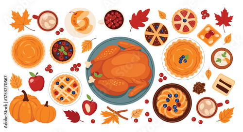 A delicious assortment of fall harvest foods including roasted turkey pies and autumn leaves.
