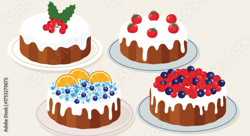 Four festive cakes decorated with fruit and frosting for holiday celebrations.
