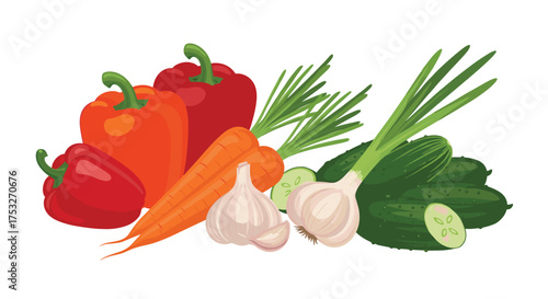 A fresh assortment of healthy vegetables including peppers carrots garlic and cucumbers.