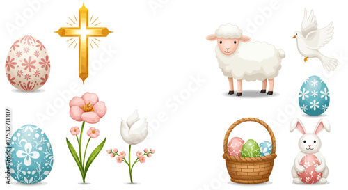 Pastel easter collection with eggs, cross, lamb, and bunny basket