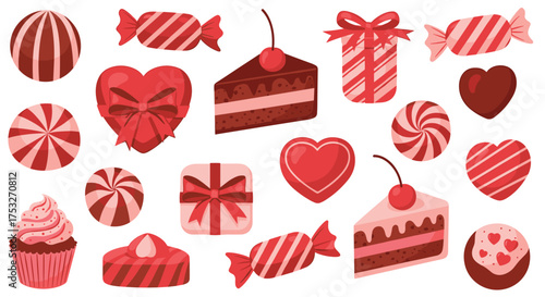A collection of sweet red candies and desserts for special occasions.