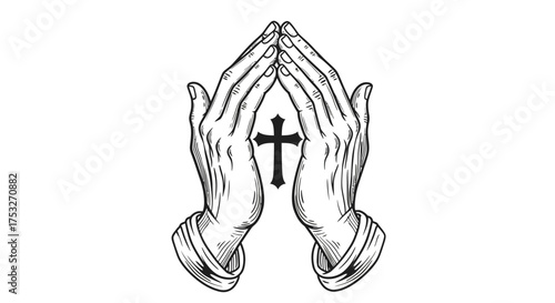 Praying hands with cross in vintage black and white art style