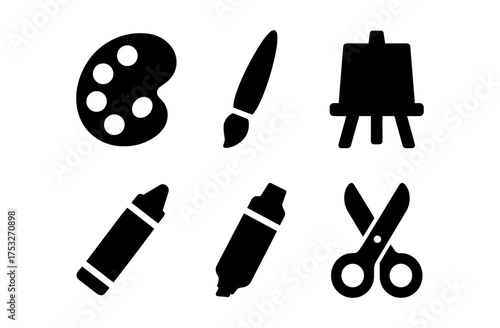 Set of art and craft tools icons: paintbrush, palette, easel, marker, crayon, scissors