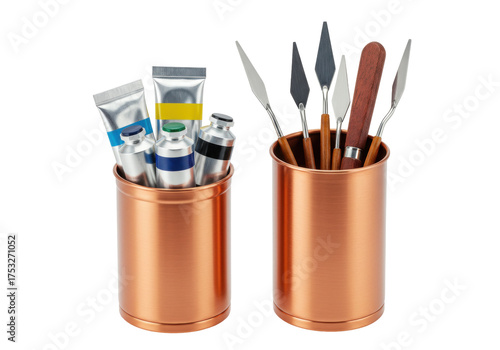 Isolated artist's tools paintbrushes tubes of paint in copper containers art supplies set
