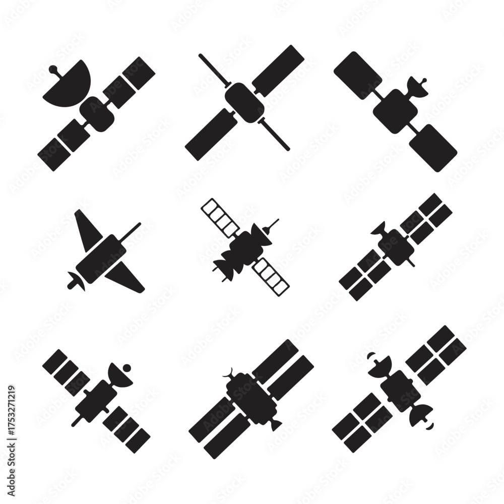 Obraz premium A set of diverse satellite icons showcasing different designs and configurations, perfect for representing space technology and communication systems in a clean, isolated format.
