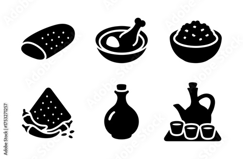 Silhouette icons of traditional middle eastern cuisine dishes and ingredients