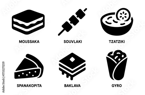 Greek cuisine icons: moussaka, souvlaki, tzatziki, spanakopita, baklava, and gyro