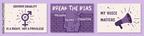 Set of three horizontal vector postcards dedicated to women’s rights and equality. Includes designs with a gender equality symbol, a broken wall with slogans, and a megaphone with “My voice matters.”