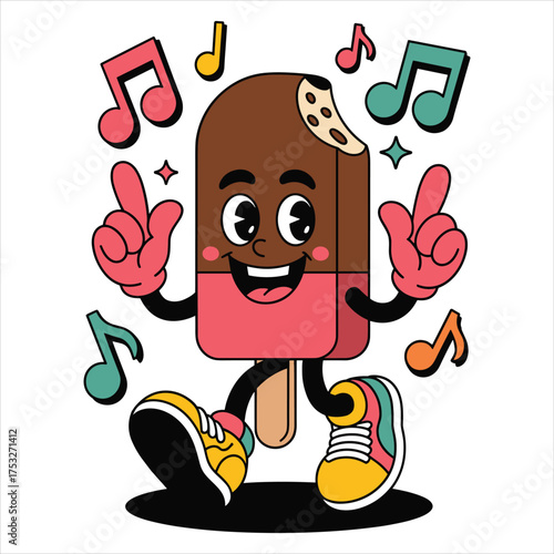 Dancing ice cream character with music notes on white background Keywords: ice cream, popsicle