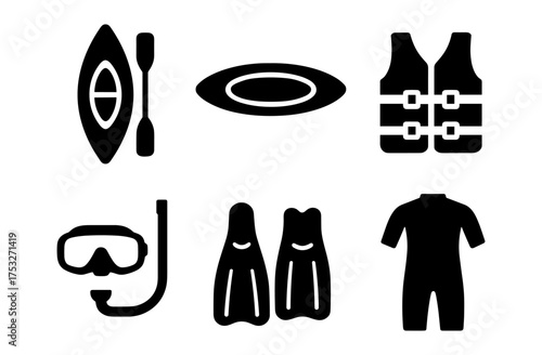 Silhouette icons of kayaking and diving gear set for outdoor water sports