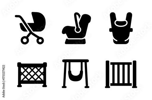 Baby gear silhouettes: stroller, car seat, carrier, playpen, swing, gate