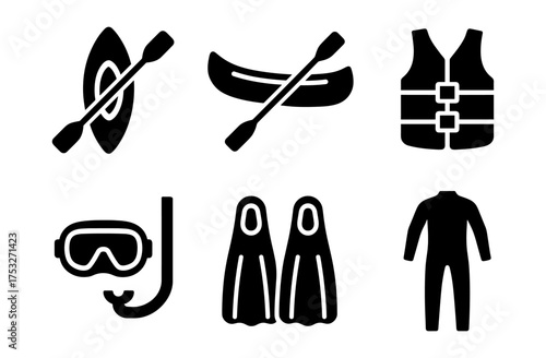Silhouette icons of water sports equipment: kayak, canoe, life jacket and snorkeling gear