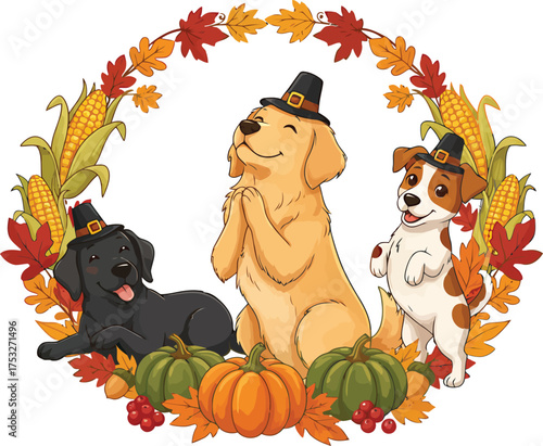 Cute festive dogs celebrating christmas with autumn decorations