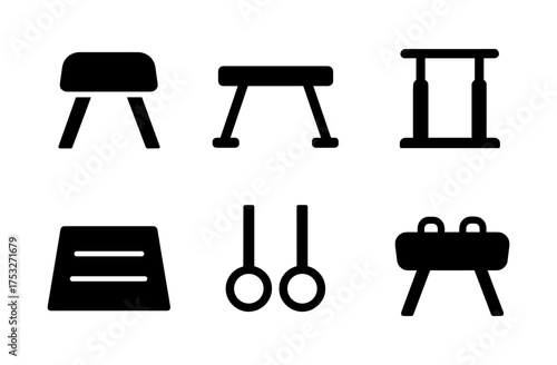 Silhouette icons of gymnastics equipment: vault, bars, rings, pommel horse