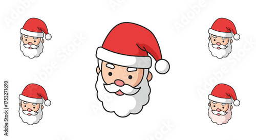 Playful santa faces pattern with cartoon style red hats on white background
