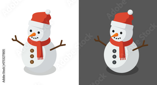 Cute snowman with red scarf and santa hat on white and gray background