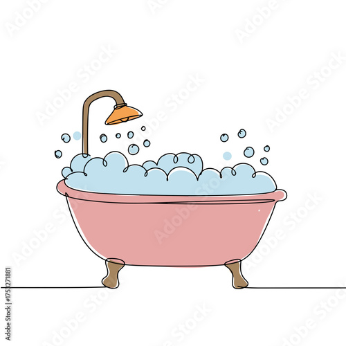 Pink bathtub filled with bubbles and water splashing indoors  