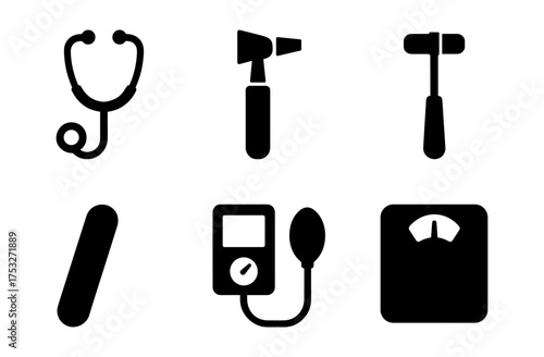 Essential medical tools icons in simple black silhouette design