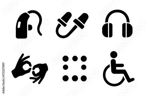 Accessibility icons: hearing aid, braille, and wheelchair symbols in silhouette style