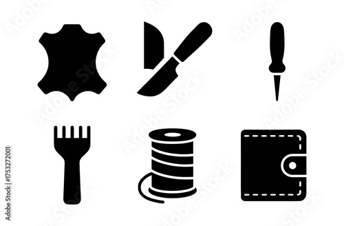 Leather crafting tools silhouette set featuring awl, knife, and stitching elements