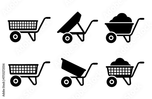 Black and white wheelbarrow and cart silhouettes for construction and gardening projects