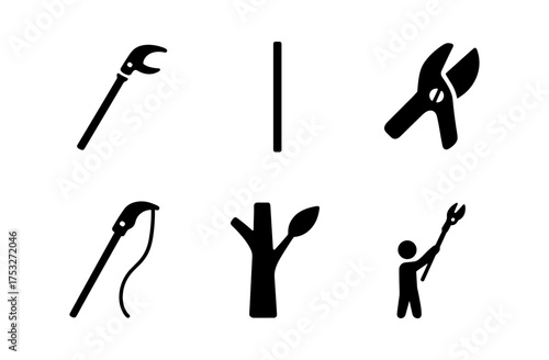 Silhouette icons of pruning tools and tree maintenance equipment