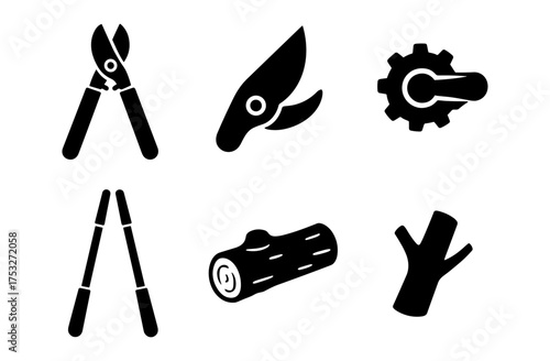 Minimalist garden tools icons set: silhouette pruners, saw, gear, log, branch
