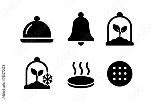Minimalist food and nature icons with bell and plant elements