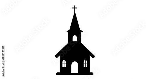Simple silhouette of a church with tower and cross on white background