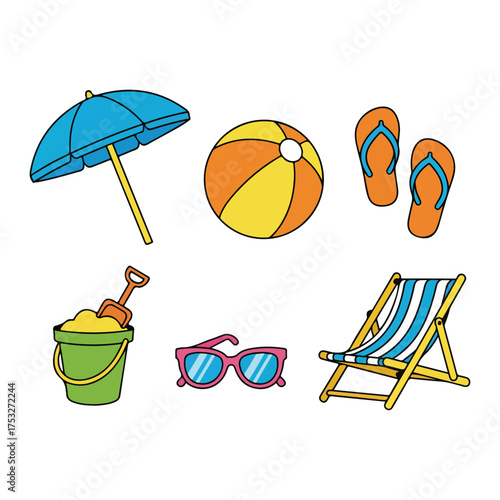A collection of beach and summer vacation items, including a beach ball, sunglasses, flip-flops, a beach chair, a bucket with a shovel, and a blue umbrella, all presented on a clean white background f