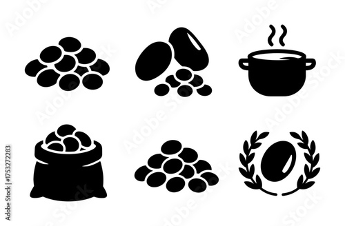 Black beans icons: cooking, agriculture, and food symbols in monochrome silhouette style