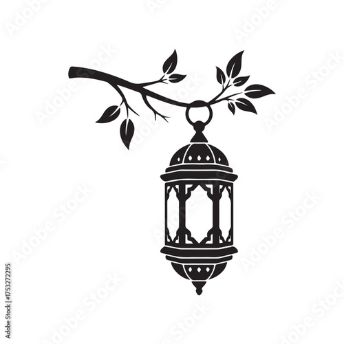 A striking black silhouette of an intricately designed lantern, suspended from a delicate tree branch, stands out against a pure white background, evoking a sense of timeless elegance and cultural ric