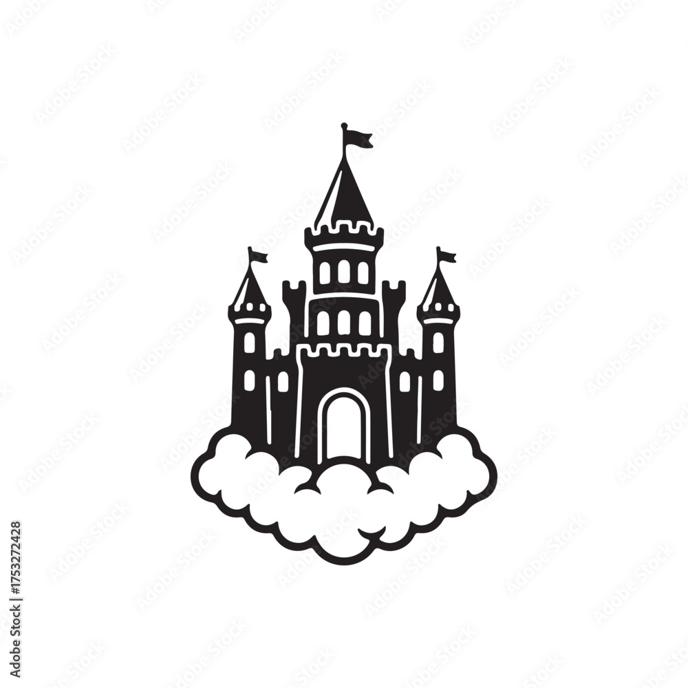 Obraz premium A striking black silhouette of a majestic castle, complete with towers and flags, rests serenely upon a bed of fluffy clouds. Isolated on a pristine white background, this image evokes fantasy and dre