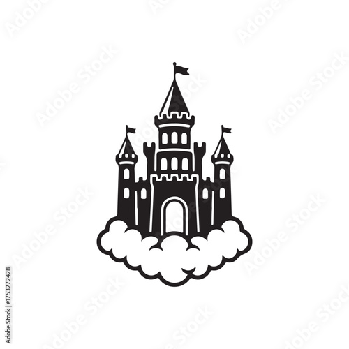 A striking black silhouette of a majestic castle, complete with towers and flags, rests serenely upon a bed of fluffy clouds. Isolated on a pristine white background, this image evokes fantasy and dre