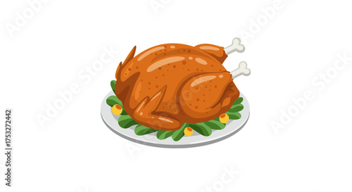 Delicious roasted turkey on platter with leaf garnish for festive meals
