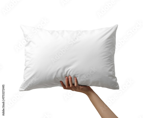 Hand holding white pillow on white background