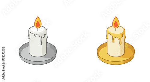 Isometric wax candles with flames on metal holders in 3d style