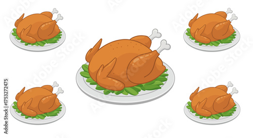 Roasted thanksgiving turkeys on plates with leaves in cartoon style