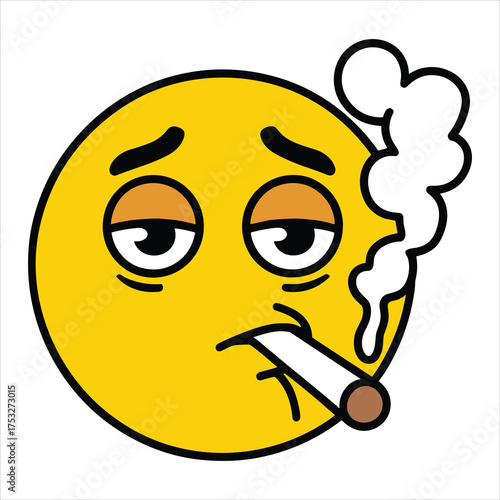 Sad yellow emoji with cigarette and smoke on white background emoticon smoking