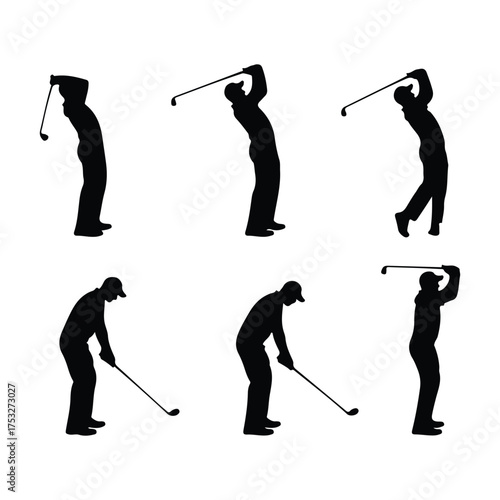A sequence of six silhouettes illustrating the full motion of a golf swing, from backswing to follow-through, isolated on a clean white background for versatile use.