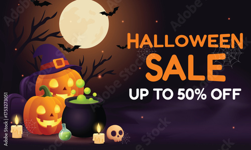 Halloween Sale Banner with Pumpkins, Cauldron, and Spooky Background Design