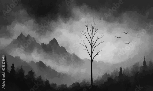 Monochrome Mountain Landscape with Bare Tree and Misty Atmosphere, quiet solitude, peaceful nature scene, fine art photography, cinematic mountain view, landscape depth, isolated tree,