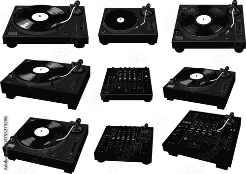 DJ turntables, audio mixer setup, vinyl records, professional equipment, music production, club gear, sound system, analog controls, party tools, studio essentials