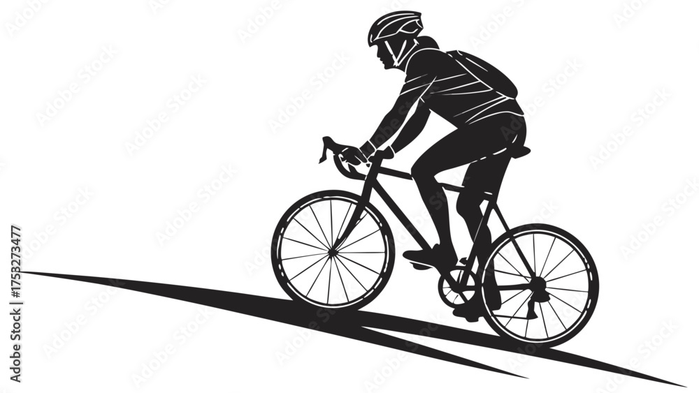Obraz premium Silhouette of cyclist with helmet and backpack riding a bicycle on a downward slope in black and white created with generated ai