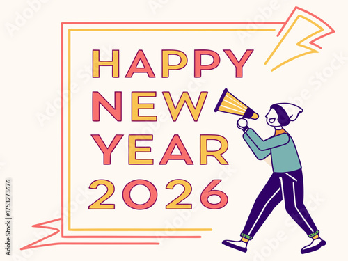 Person with megaphone announces happy new year 2026 with colorful frame and lightning bolt graphic art created with generated ai