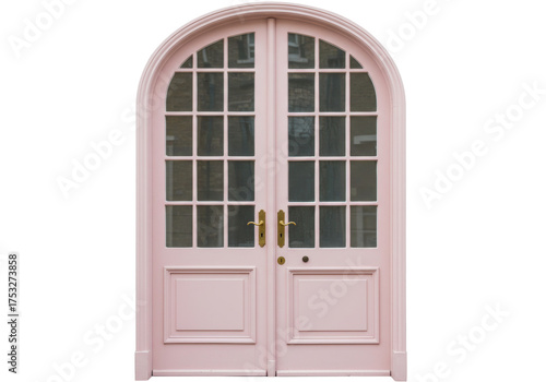 Isolated pink antique door with glass panels, charming arched double entryway feature