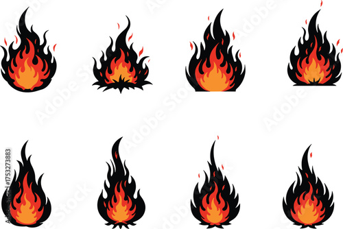 Flame icon set, burning fire illustration, stylized flame graphics, red orange black fire, vector fire symbols, heat energy design