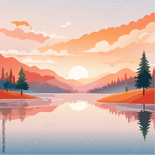 Sonnenaufgang über einem stillen See mit Nebelschleier