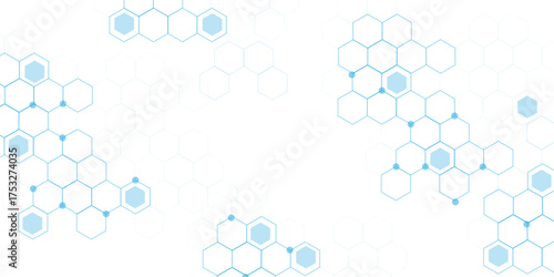 Abstract white background with blue hexagons seamless pattern and geometric in vector design. Futuristic blue neon honeycombs. Modern technology design .Minimal style website banner, decoration .